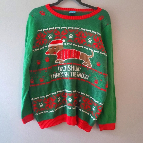 Norther Pole Dachshund Through The Snow Red/ Green Holiday Sweater - Women's XXL - Picture 1 of 5